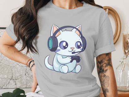 Cute White Cat Gamer Wearing Headphones Graphic Shirt