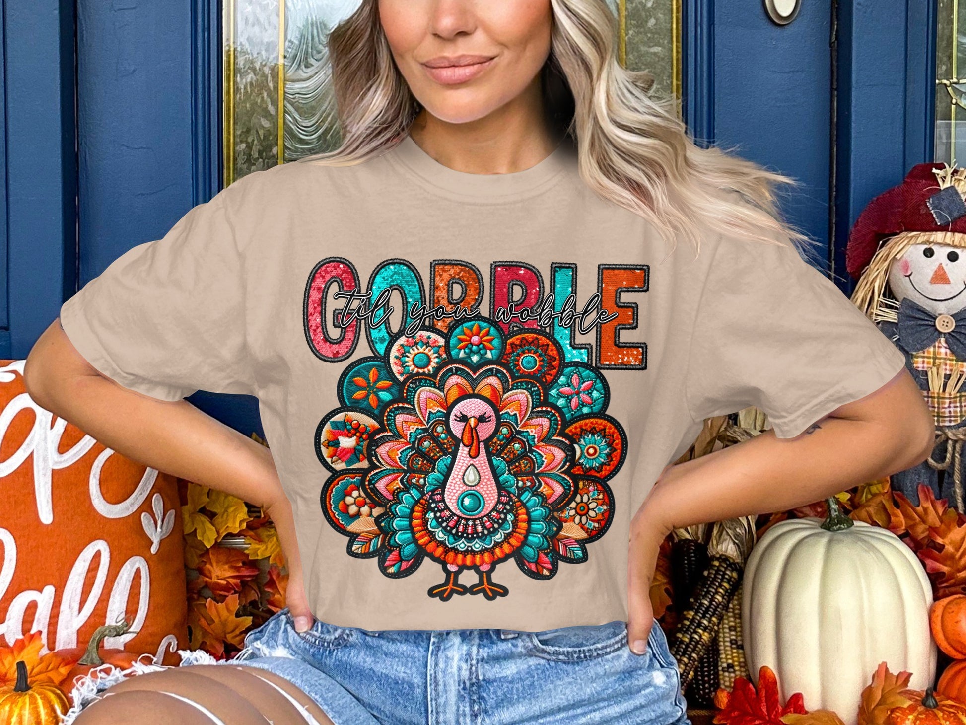 Gobble Printed T-Shirt with Colorful Turkey Design