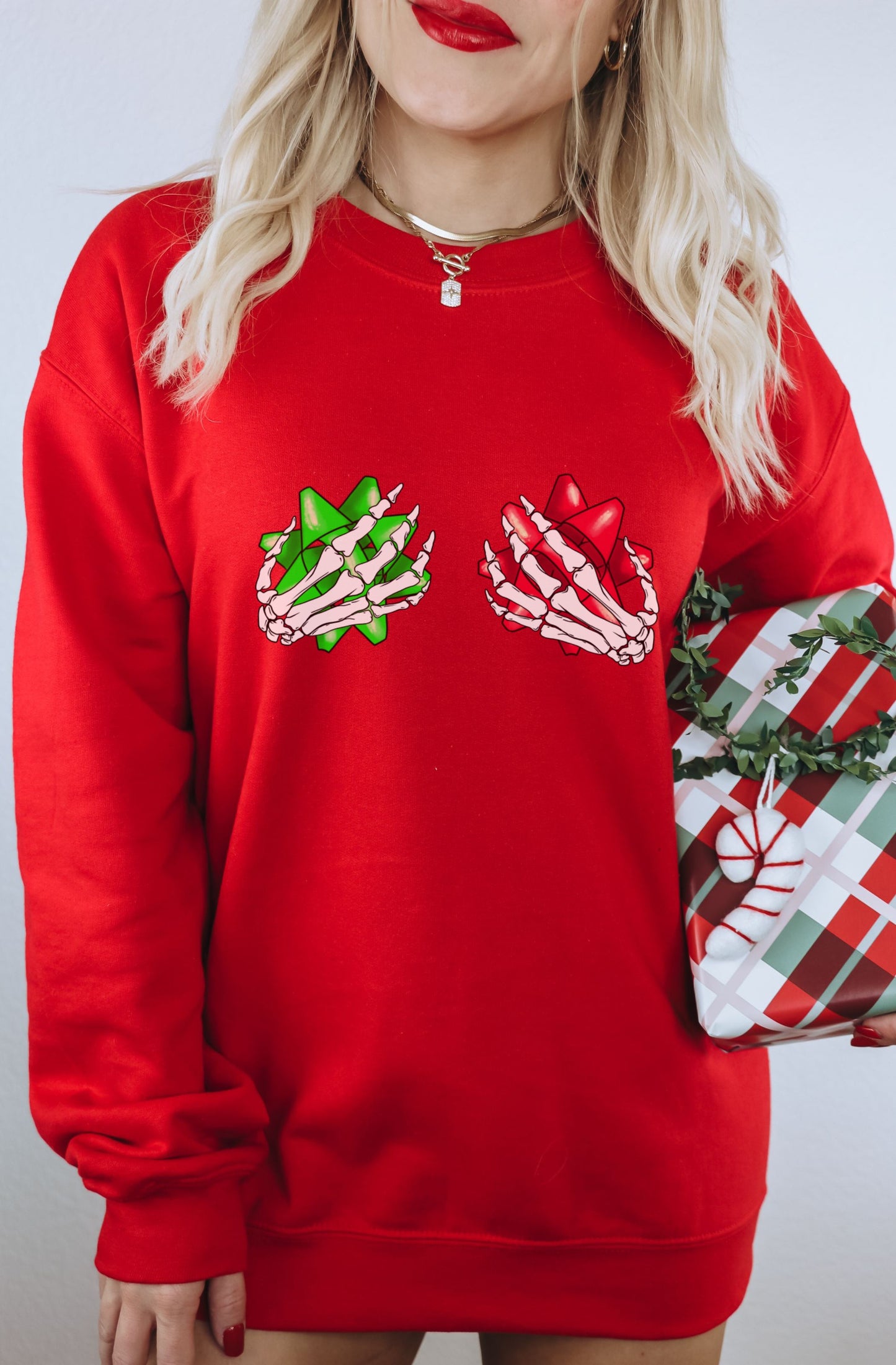 Festive Skeleton Hands Gift Print Red Sweatshirt product