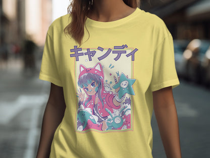 Cute Anime Girl with Star Friends Yellow Shirt