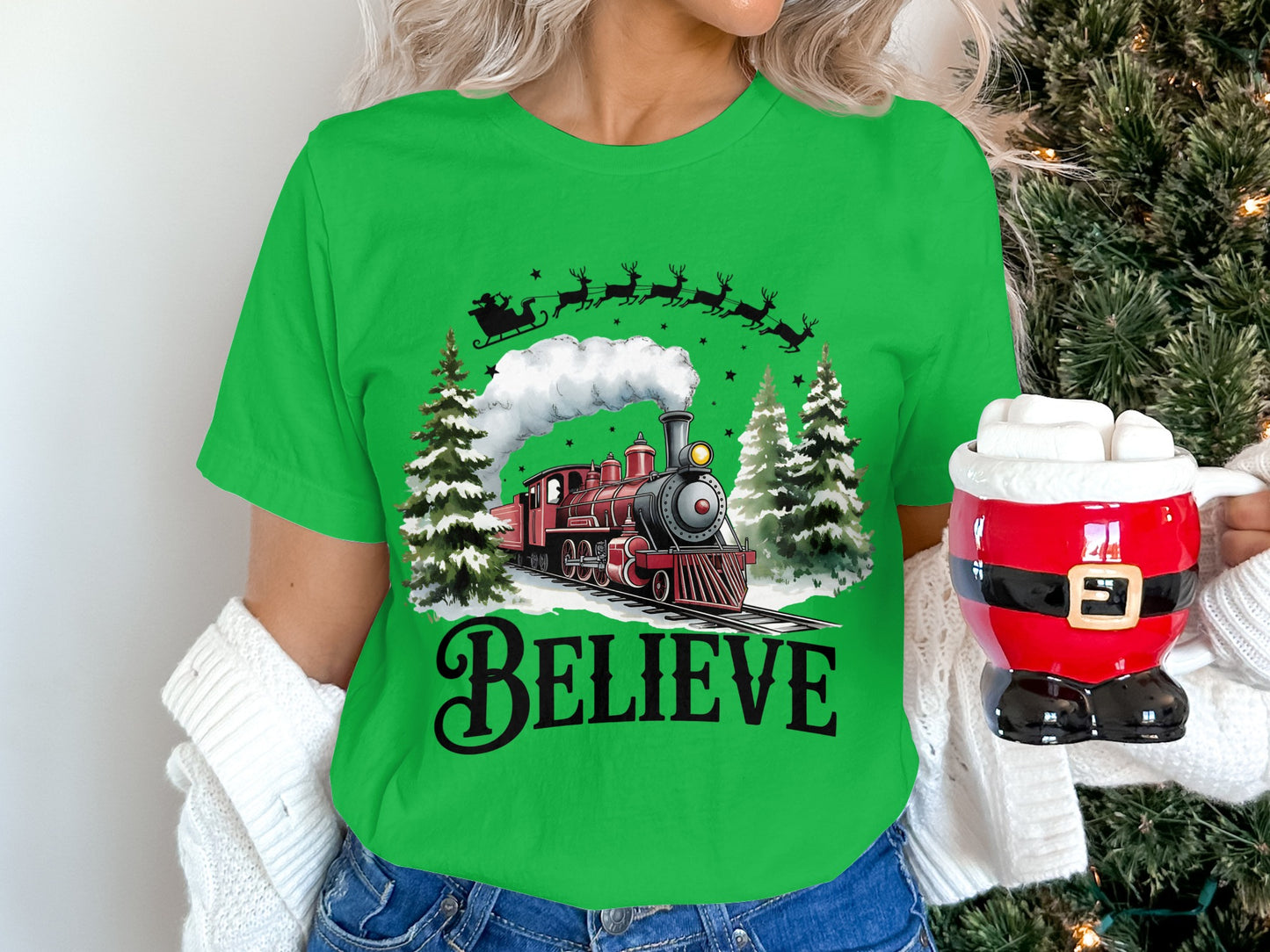 Festive Christmas Santa Train Believe Graphic T-shirt