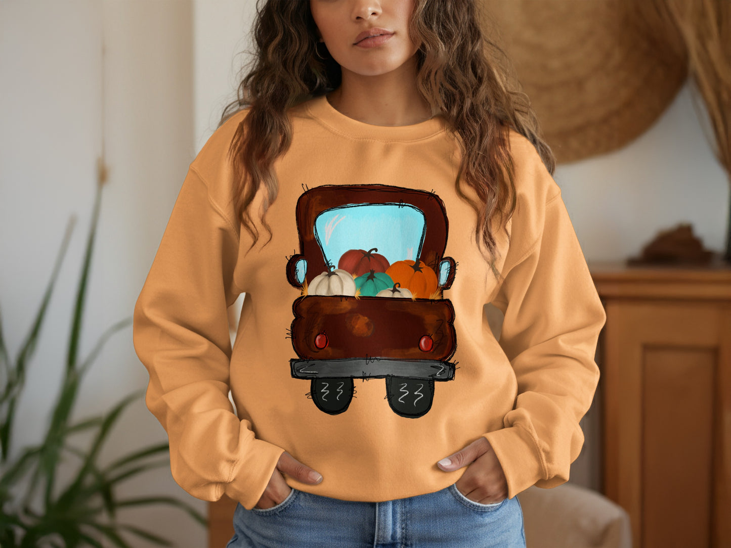 Pumpkin Truck Graphic Printed Long Sleeve Shirt
