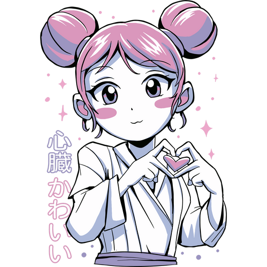 Anime Girl with Heart Gesture in Pink Theme Design