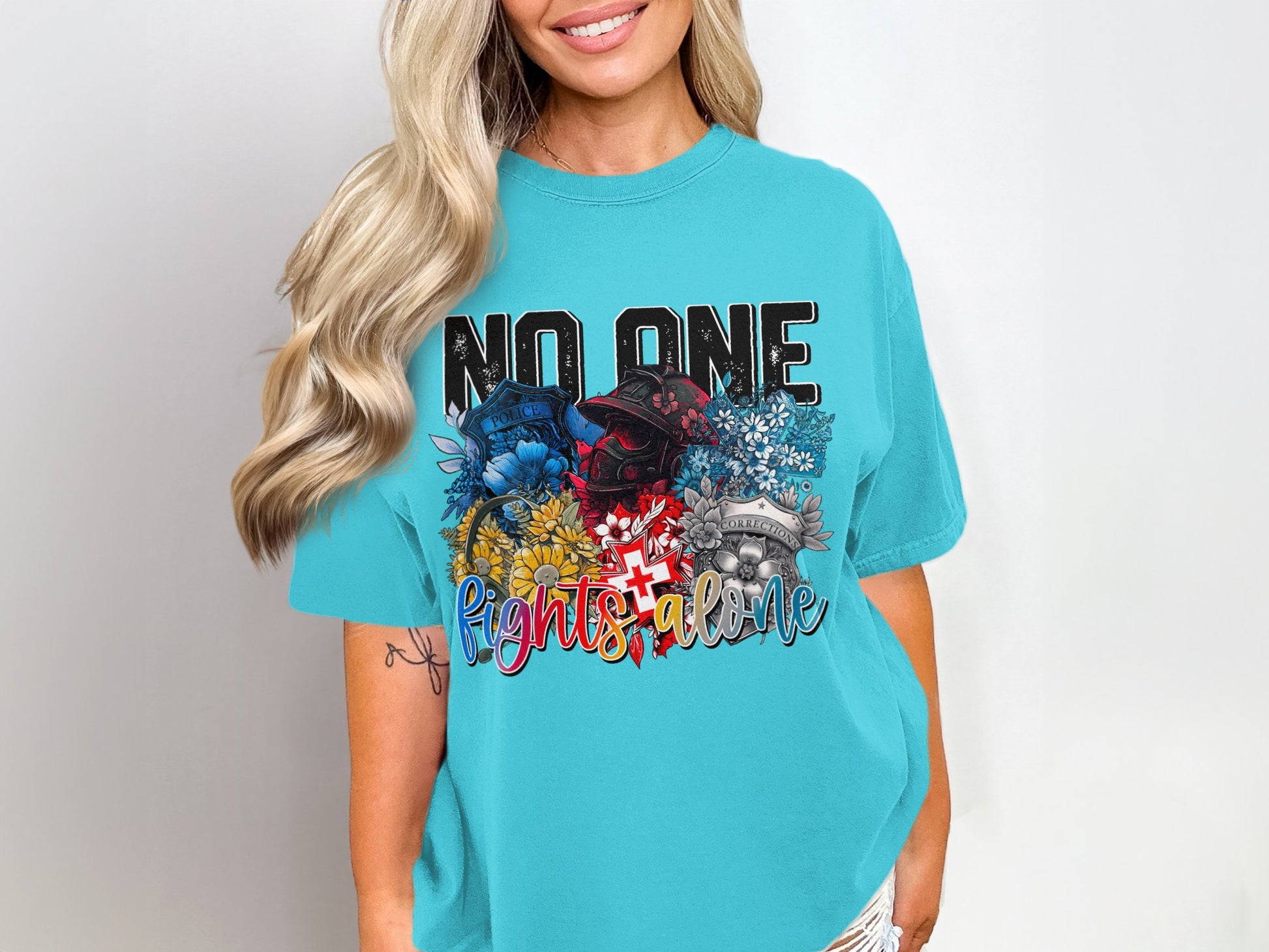 No One Fights Alone Firefighters Themed T-shirt