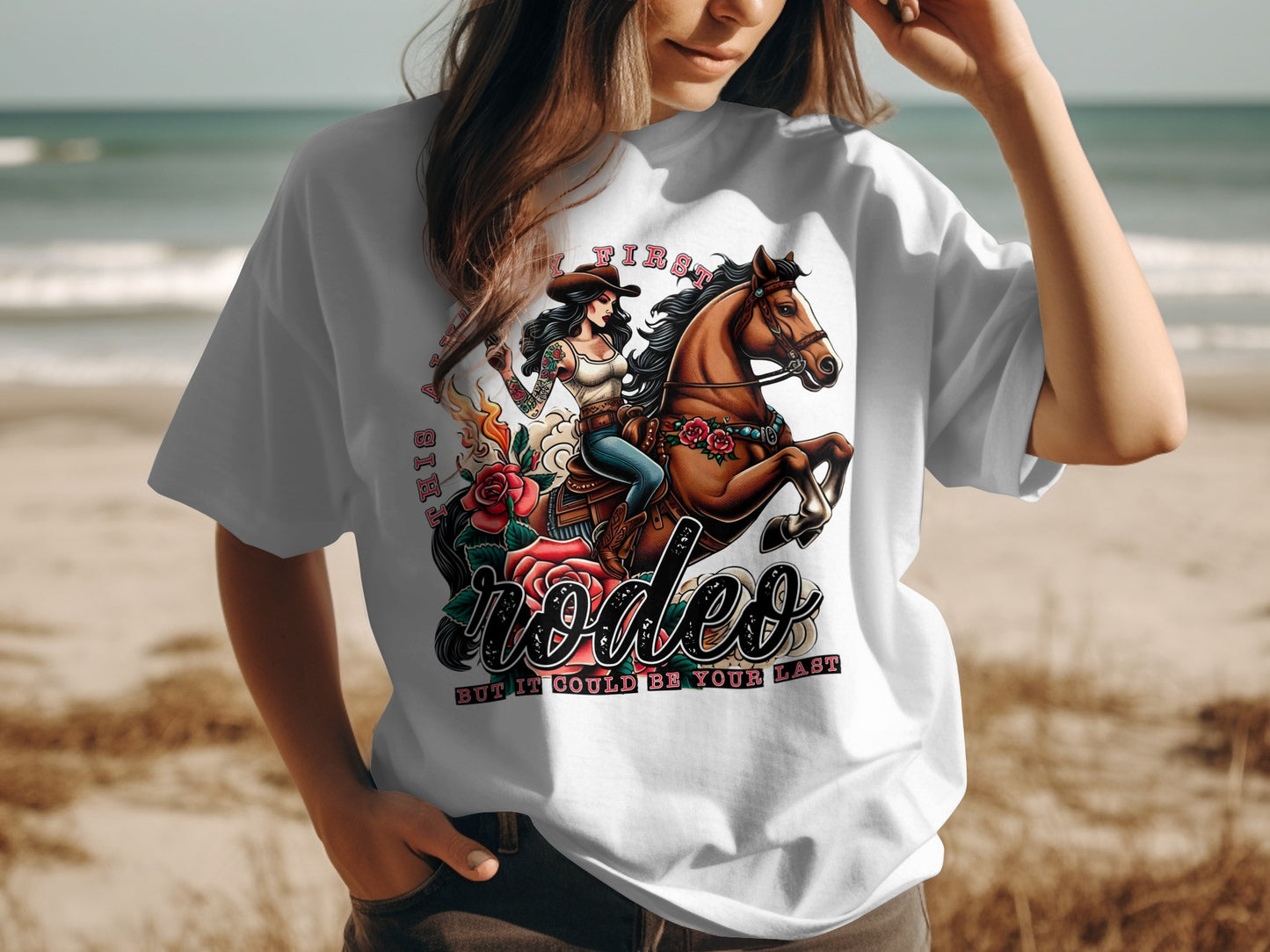 First Sin Rodeo Cowboy Graphic Tee Shirt Product