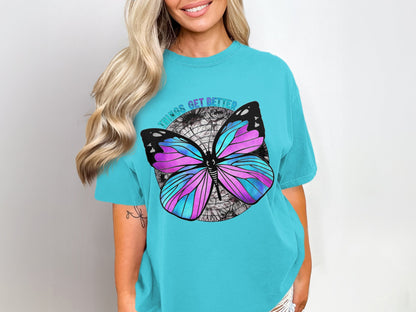 Vibrant Butterfly Graphic T-shirt with Positive Message
