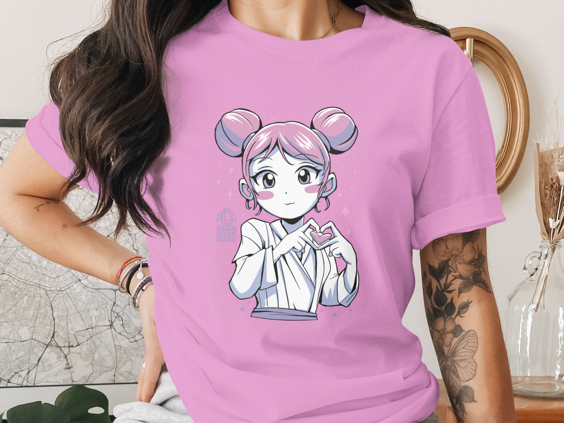 Cute Anime Girl Pink Graphic Short Sleeve Shirt