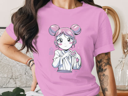 Cute Anime Girl Pink Graphic Short Sleeve Shirt