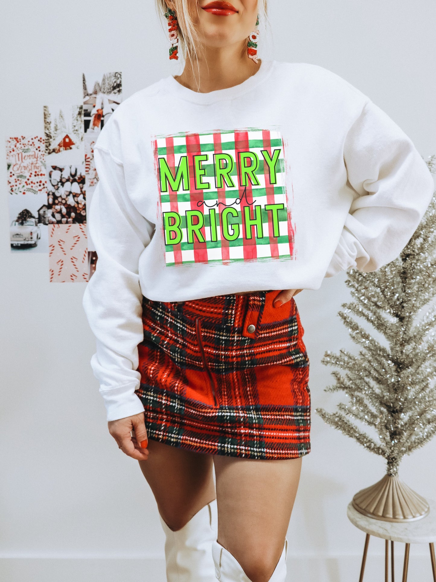 Merry and Bright Plaid Graphic Sweatshirt