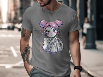 Anime Girl with Pink Buns Heart Pose T-shirt