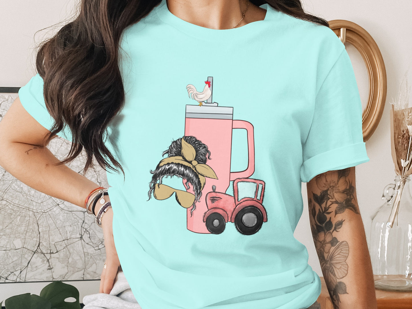 Quirky Graphic Tee With Mustache Mug And Truck Design