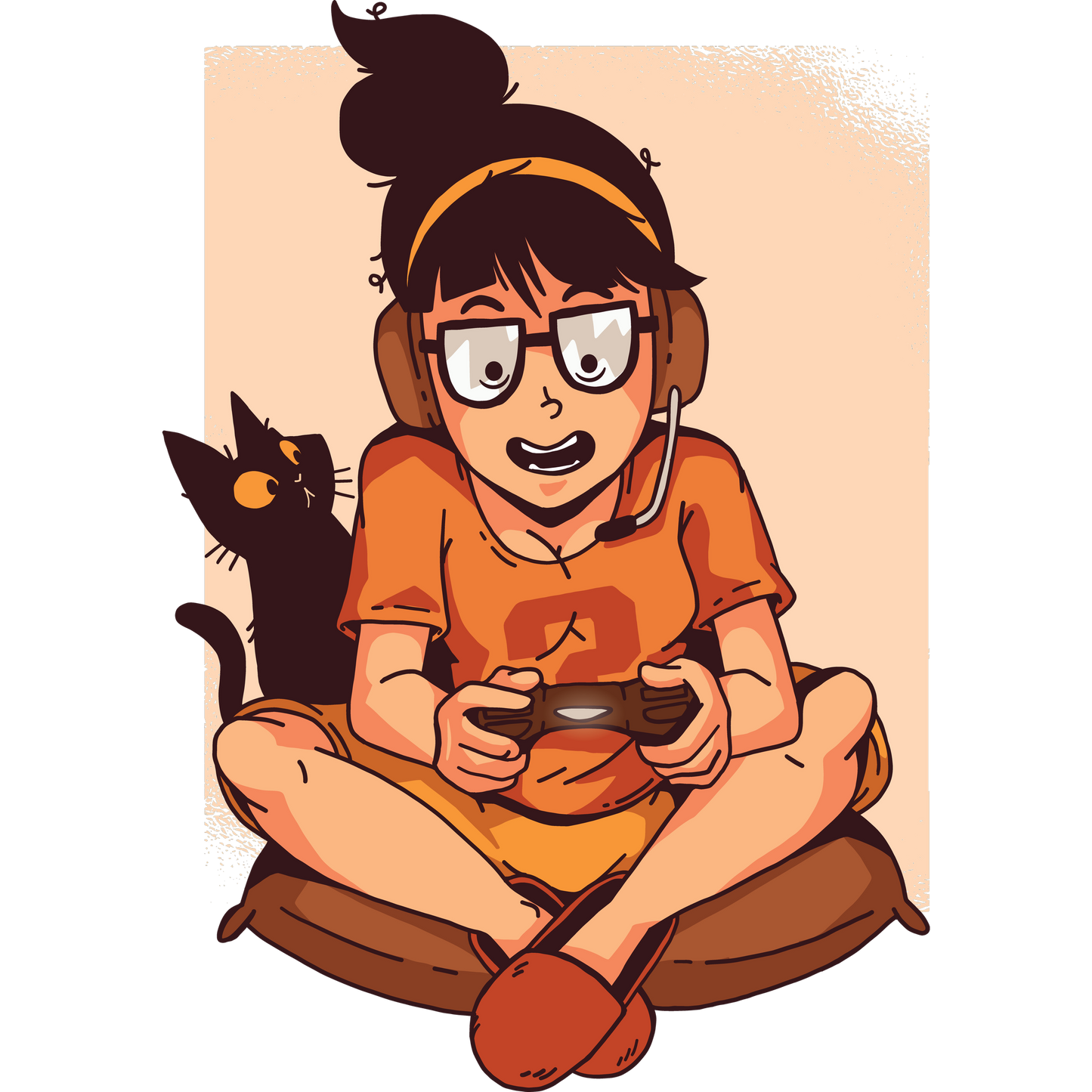 Cat Watching Gamer Girl with Glasses Illustration