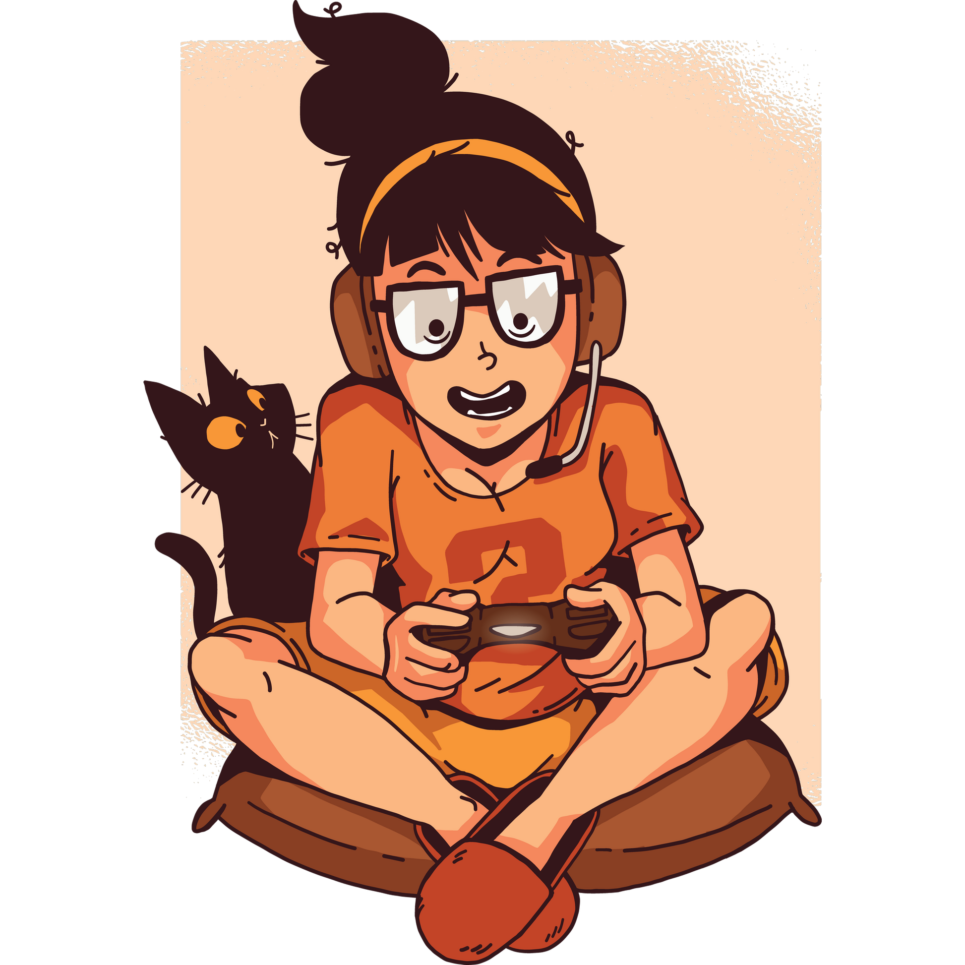 Cat Watching Gamer Girl with Glasses Illustration