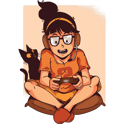 Cat Watching Gamer Girl with Glasses Illustration