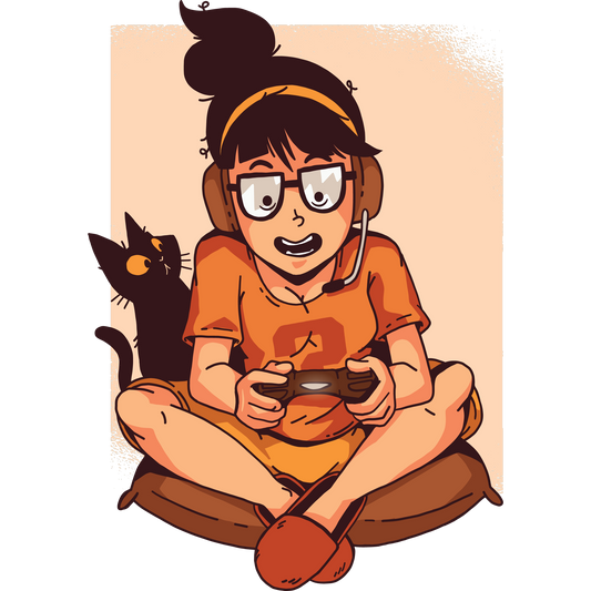 Cat Watching Gamer Girl with Glasses Illustration