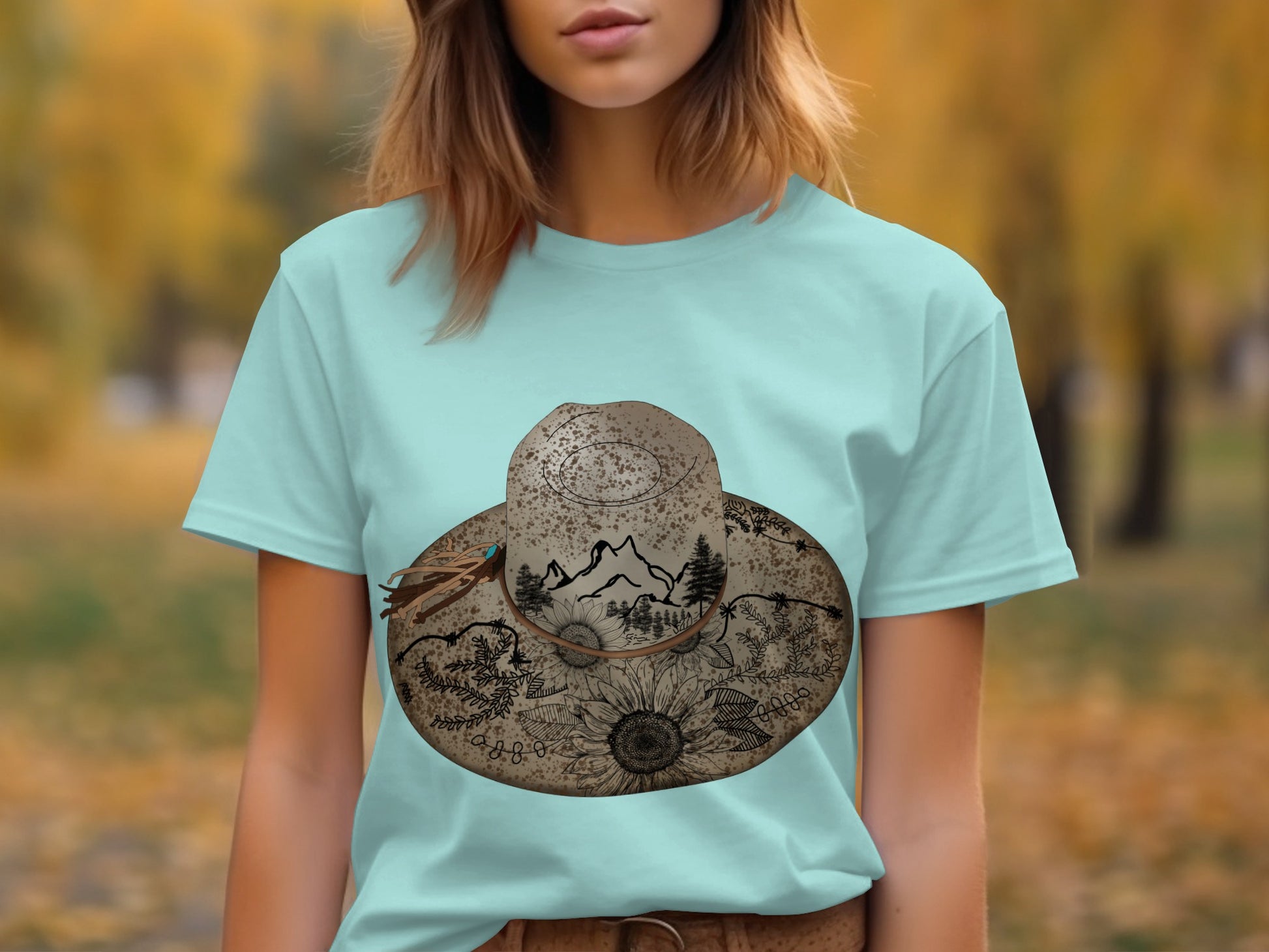 Artistic Landscape Print T-Shirt with Sunflower Design
