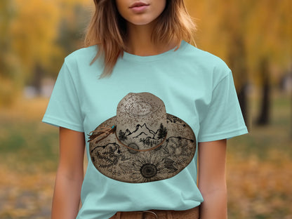 Artistic Landscape Print T-Shirt with Sunflower Design