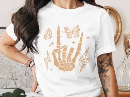 Unique Skeleton Butterfly Rock Hand Tattoo T-Shirt
