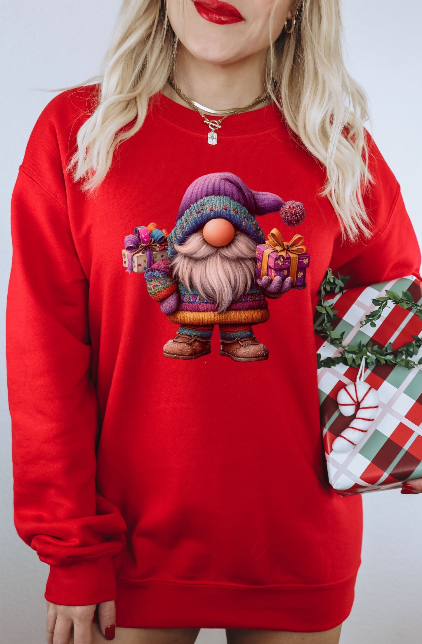 Festive Gnome Christmas Sweatshirt with Gift Decorations