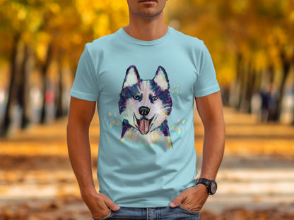 Colorful Husky Graphic Design Blue T-Shirt