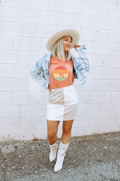 Sunset Graphic T-Shirt with Denim Jacket and White Skirt