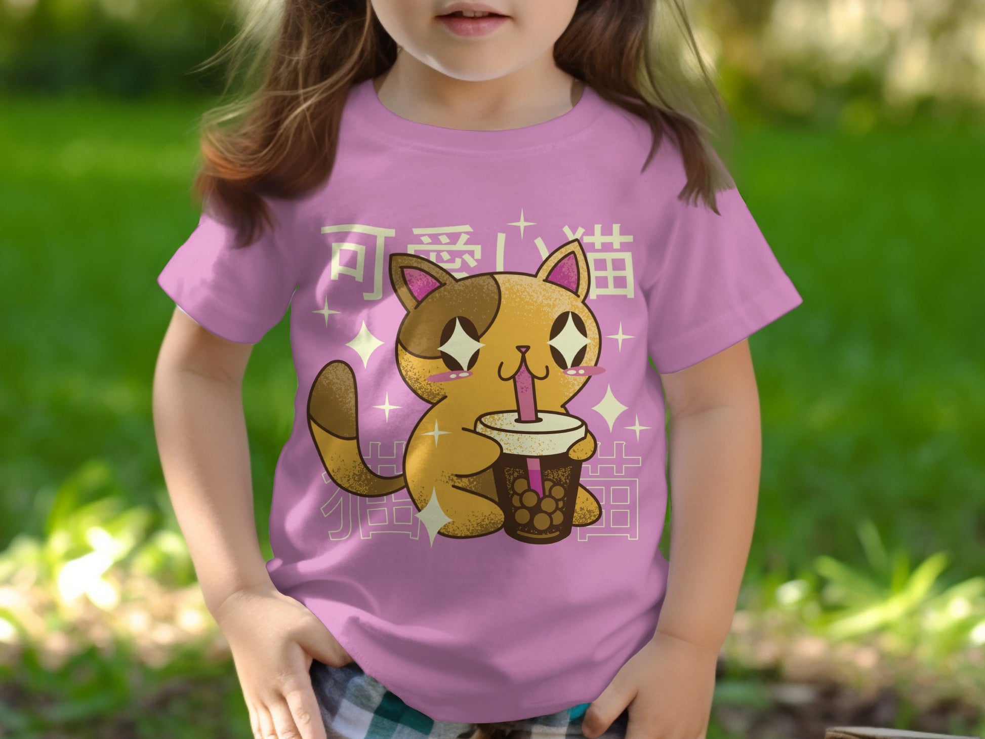 Adorable Cat Drinking Boba Graphic Kids T-Shirt