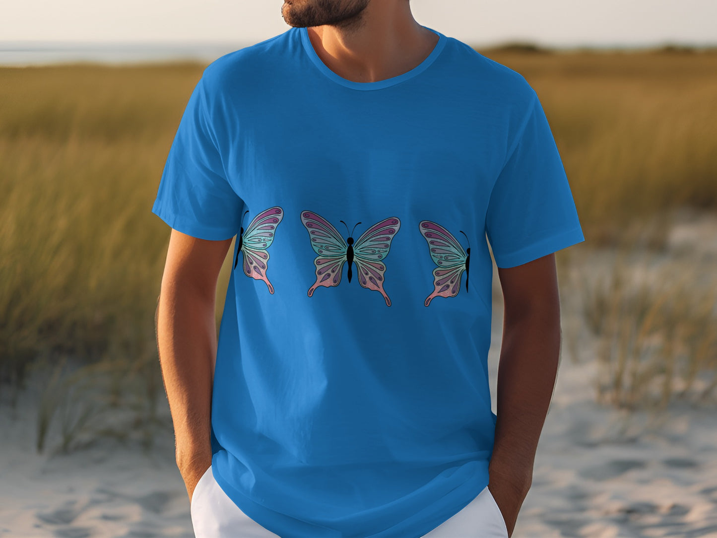 Bright Blue T-shirt with Colorful Butterfly Graphics