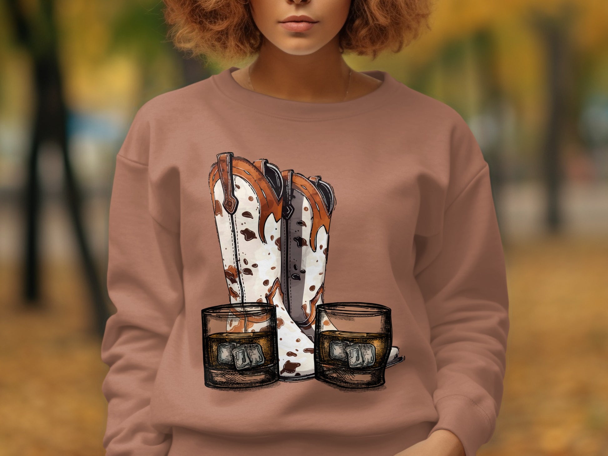 Cozy Cowgirl Boots and Whiskey Glasses Sweatshirt