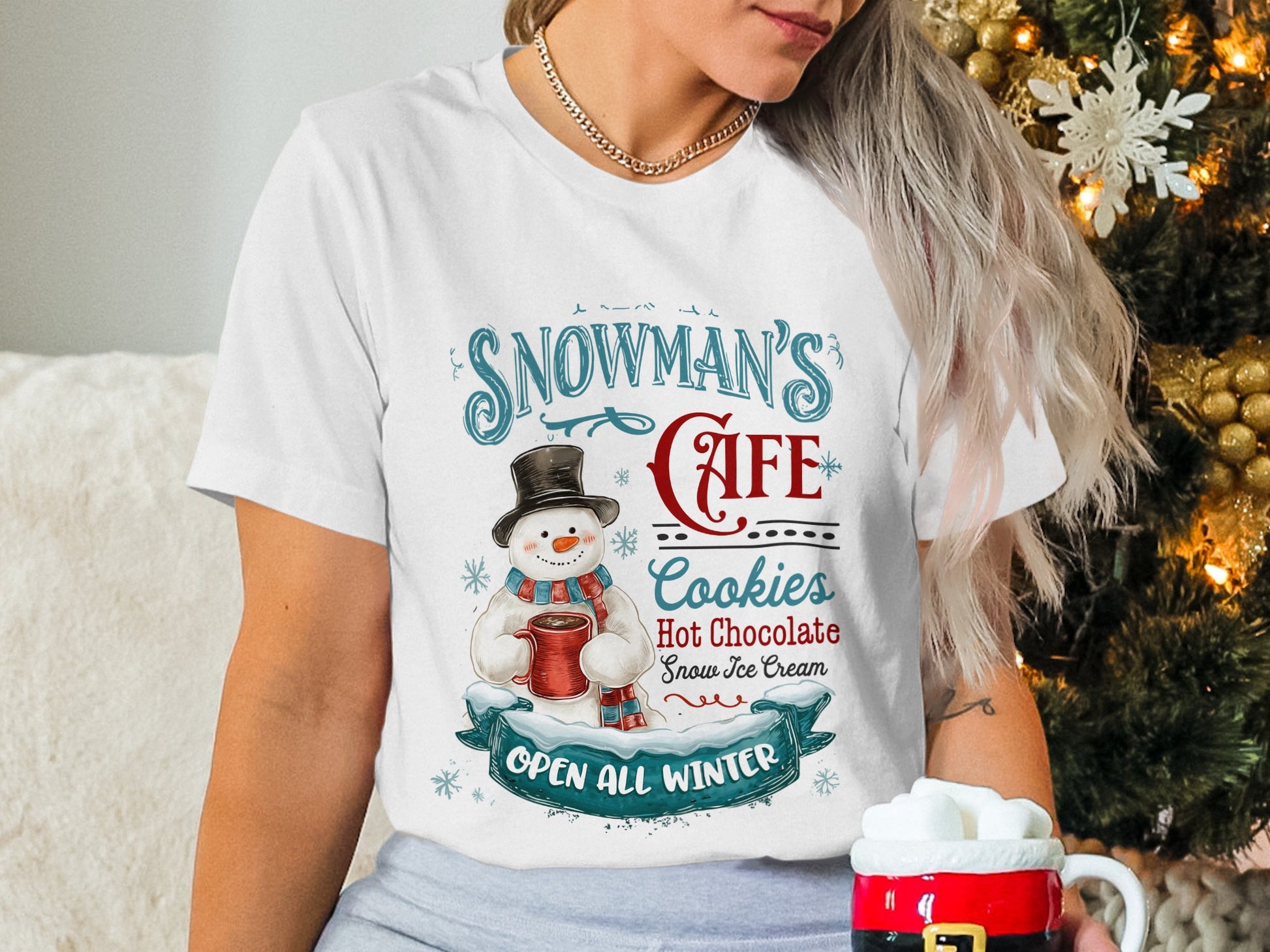 Snowman's Cafe Cookies Hot Chocolate Snow Ice Cream Shirt