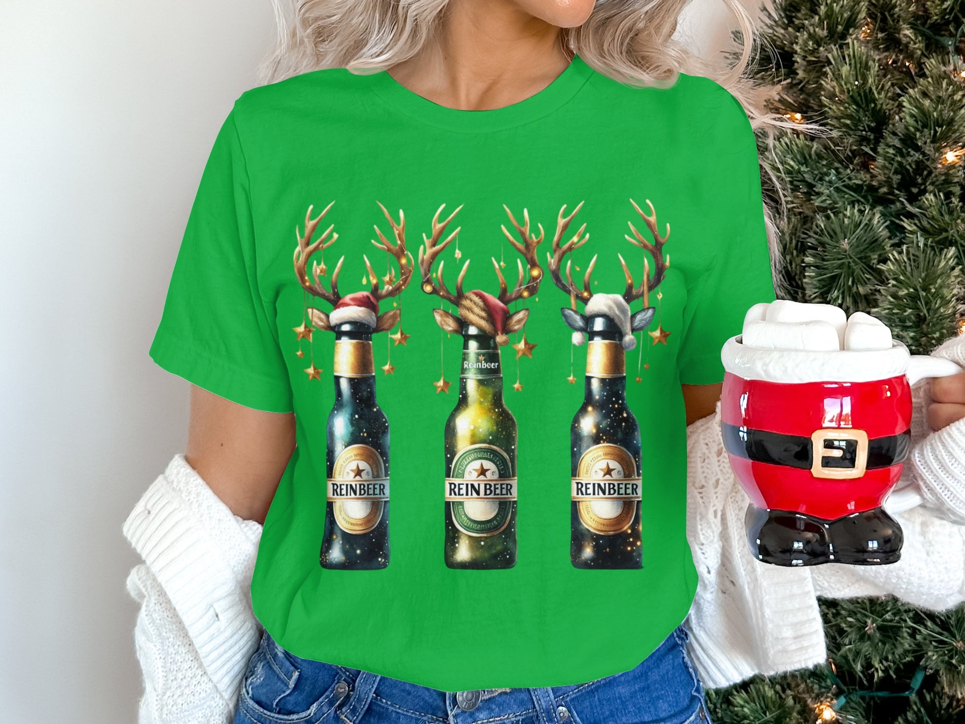 Holiday Reindeer Beer Bottle Graphic T-Shirt