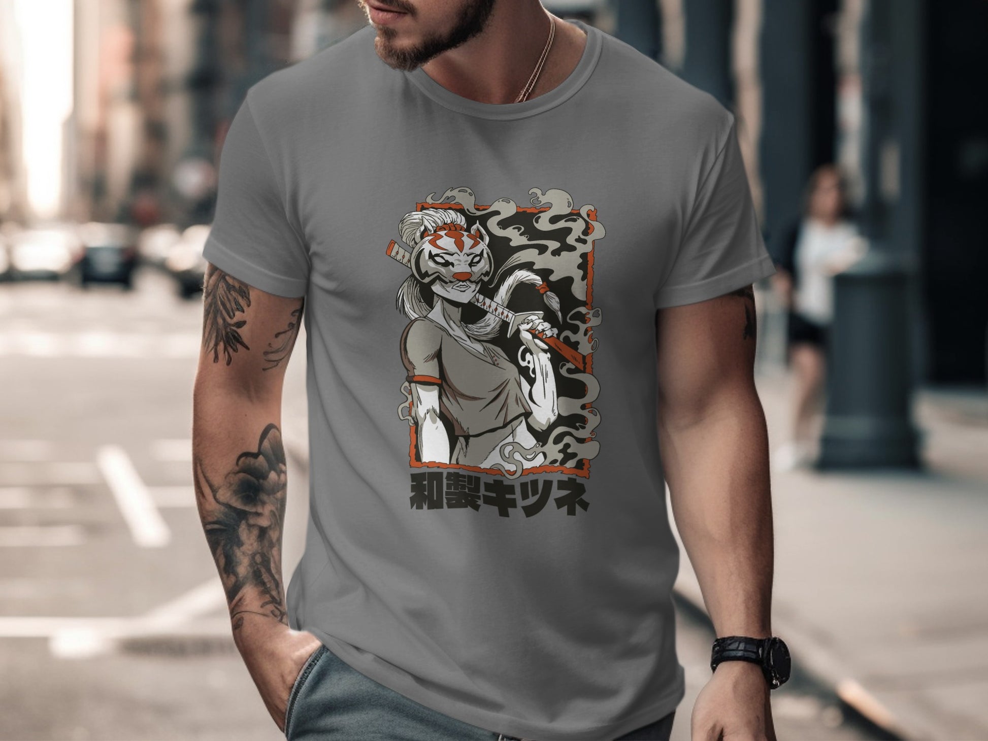 Warrior Samurai Graphic Tee with Tattooed Arm Design