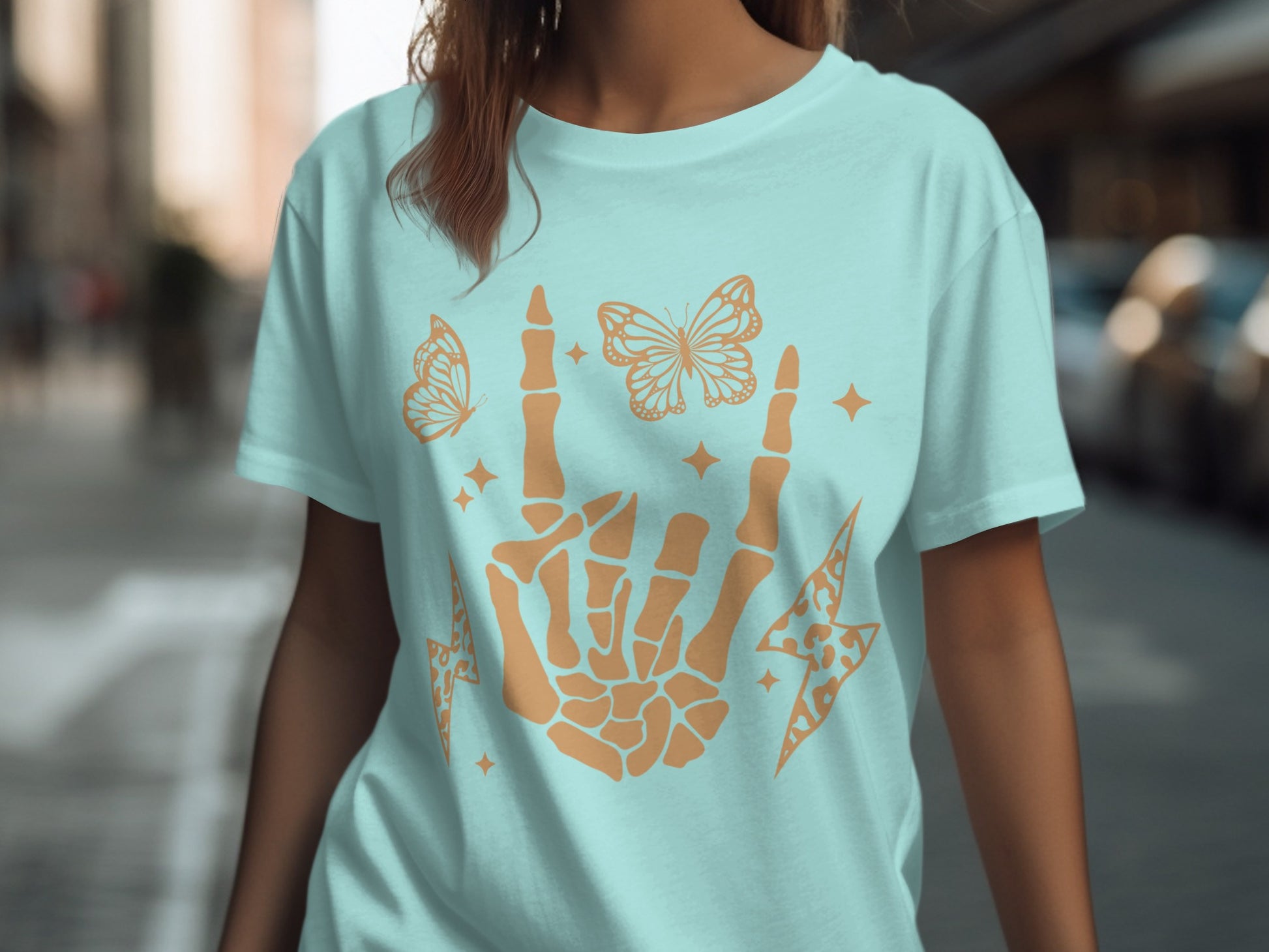 Skeleton Hand Peace Sign with Butterflies T-shirt