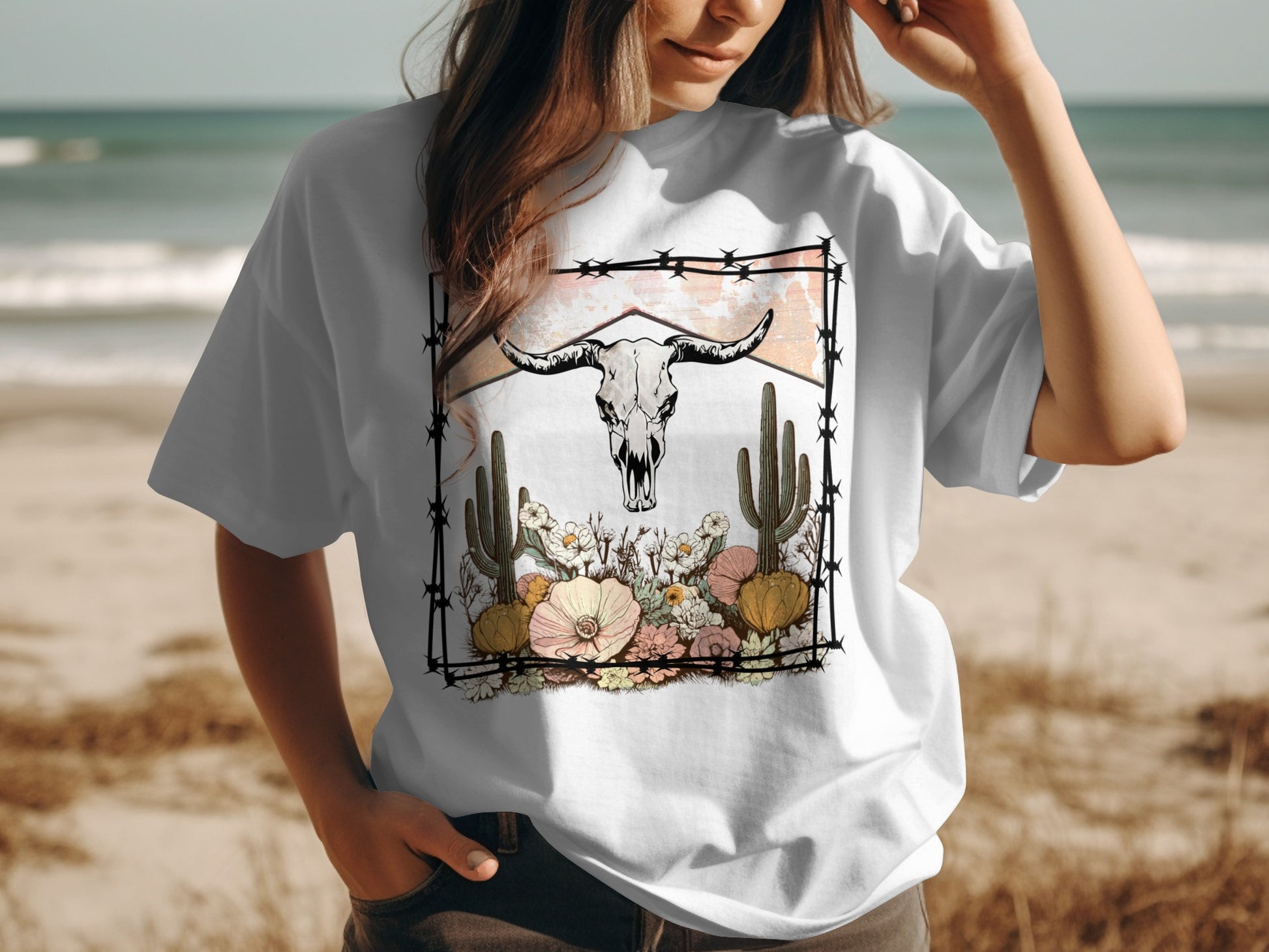 Pastel Desert Scene with Cactus and Skull Shirt