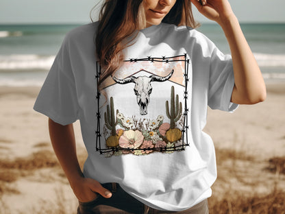 Pastel Desert Scene with Cactus and Skull Shirt