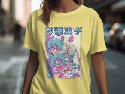 Cute Anime Girl with Blue Cat Ears Graphic T-shirt