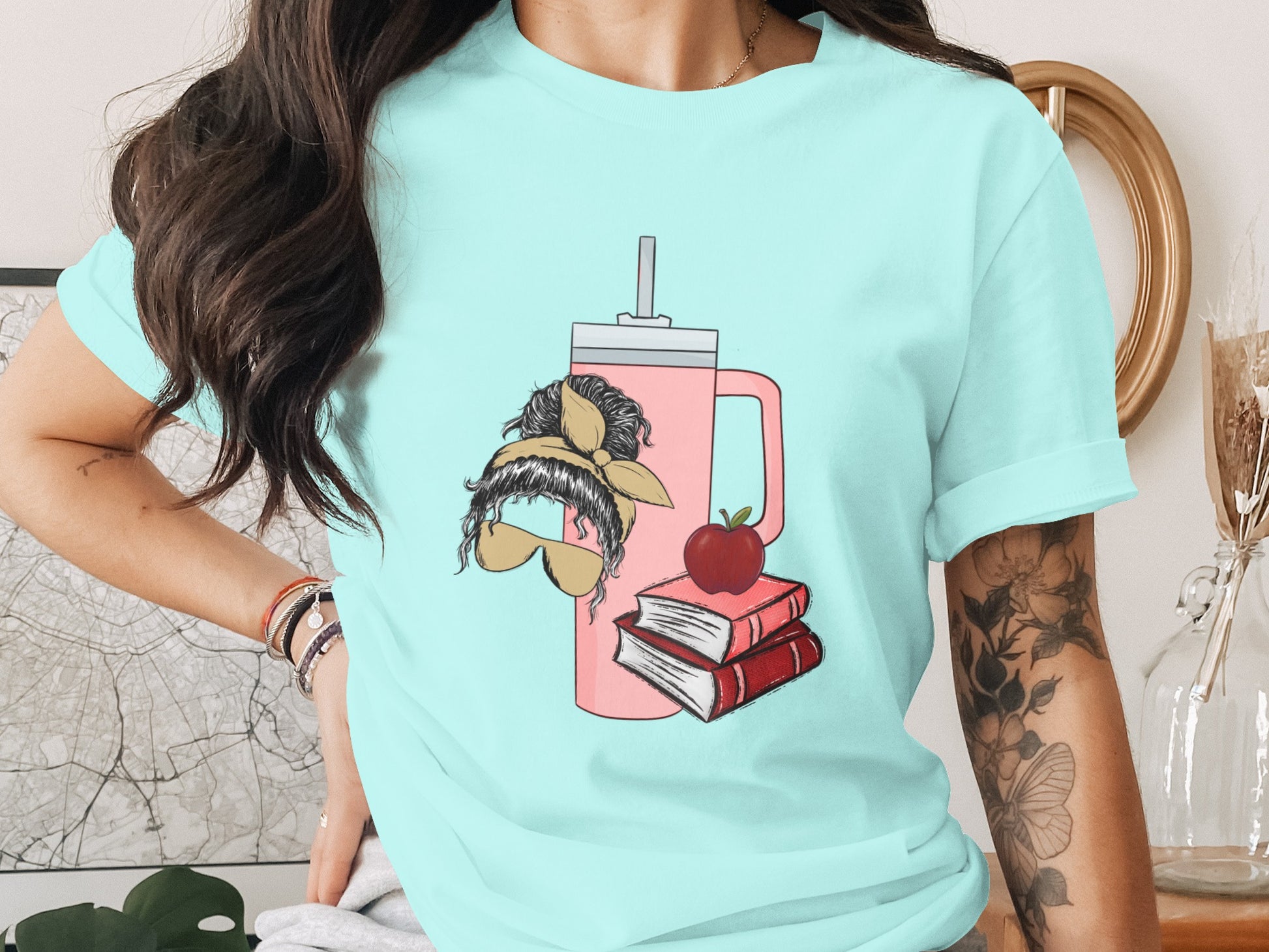 Fun and Quirky Illustration Tee with Mug and Apple Design