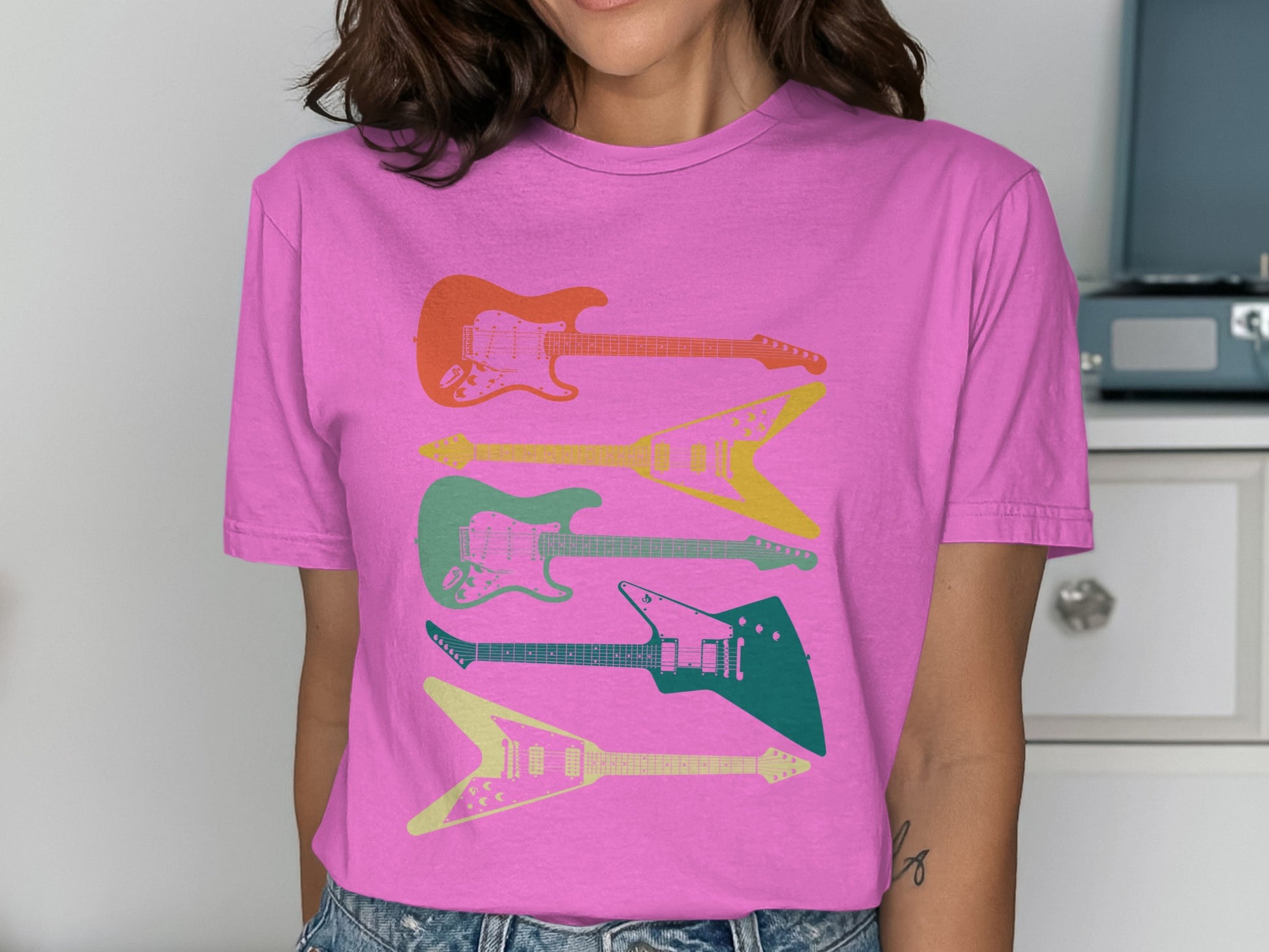 Colorful Electric Guitars Graphic Print Shirt