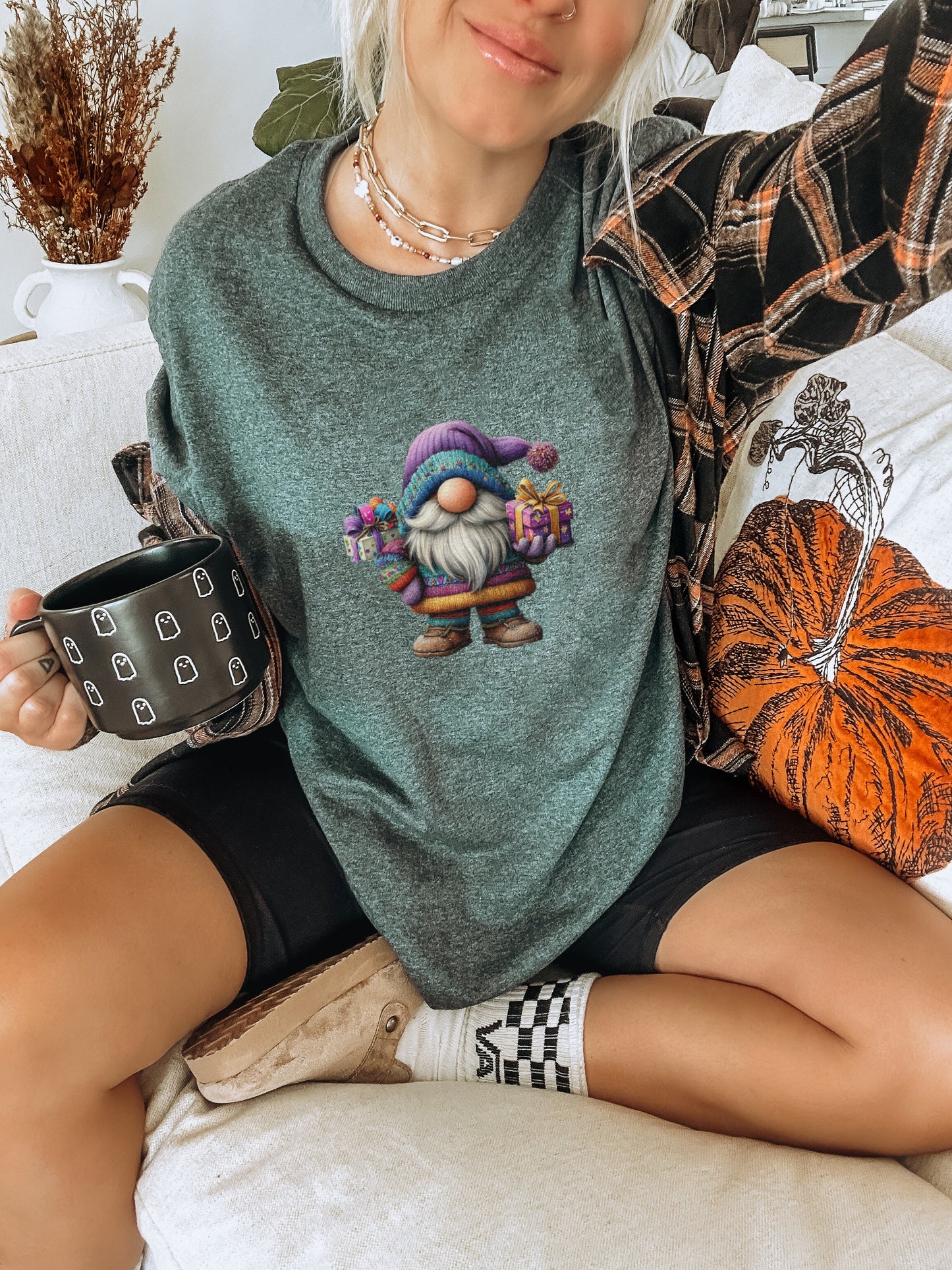 Festive Gnome Holding Gifts Graphic Print Tee