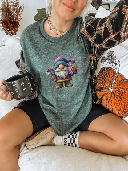 Festive Gnome Holding Gifts Graphic Print Tee