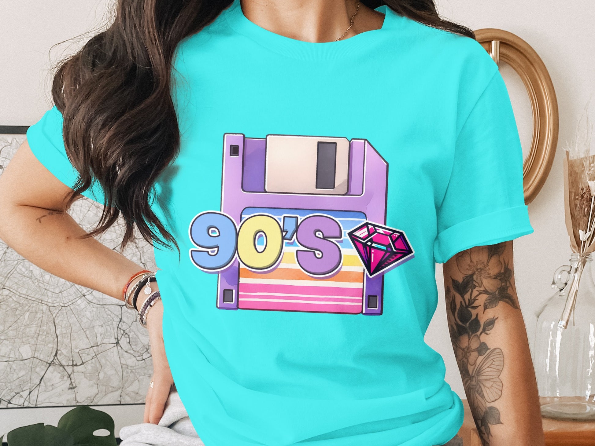 Retro 90's Floppy Disk T-shirt with Gemstone Design