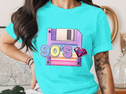 Retro 90's Floppy Disk T-shirt with Gemstone Design