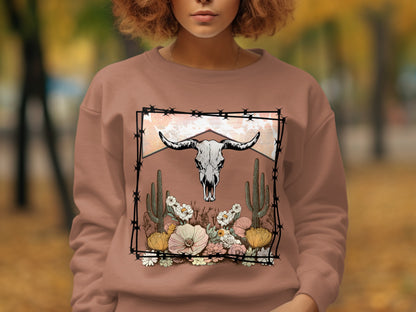 Western Cow Skull with Floral Decor Sweatshirt