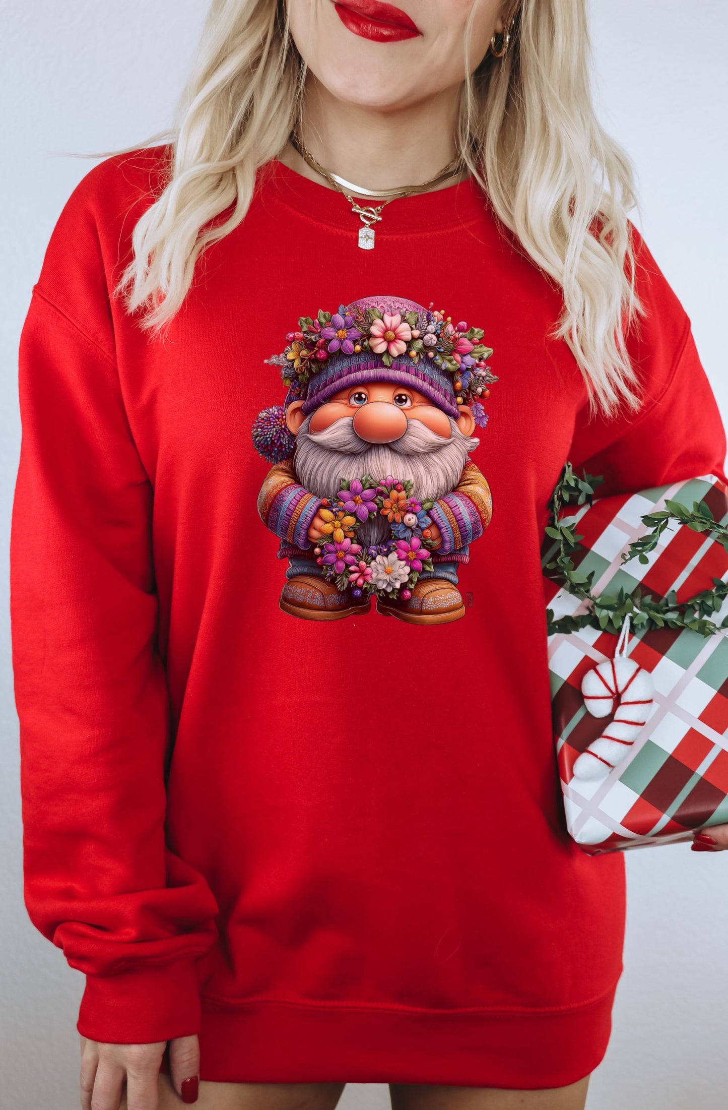 Cute Festive Gnome Print on Casual Red Pullover