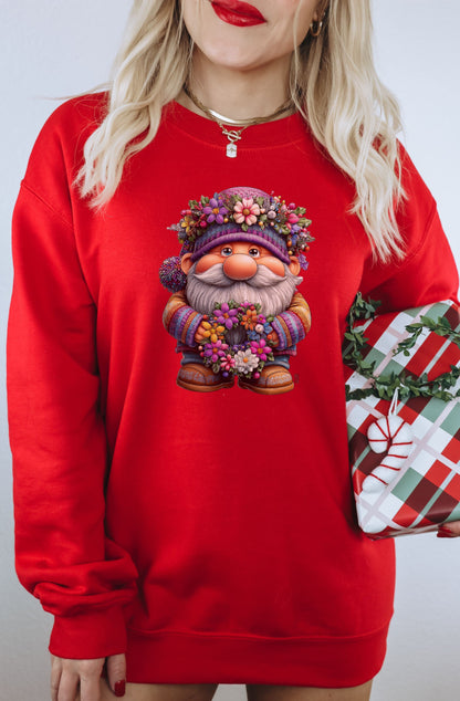 Cute Festive Gnome Print on Casual Red Pullover