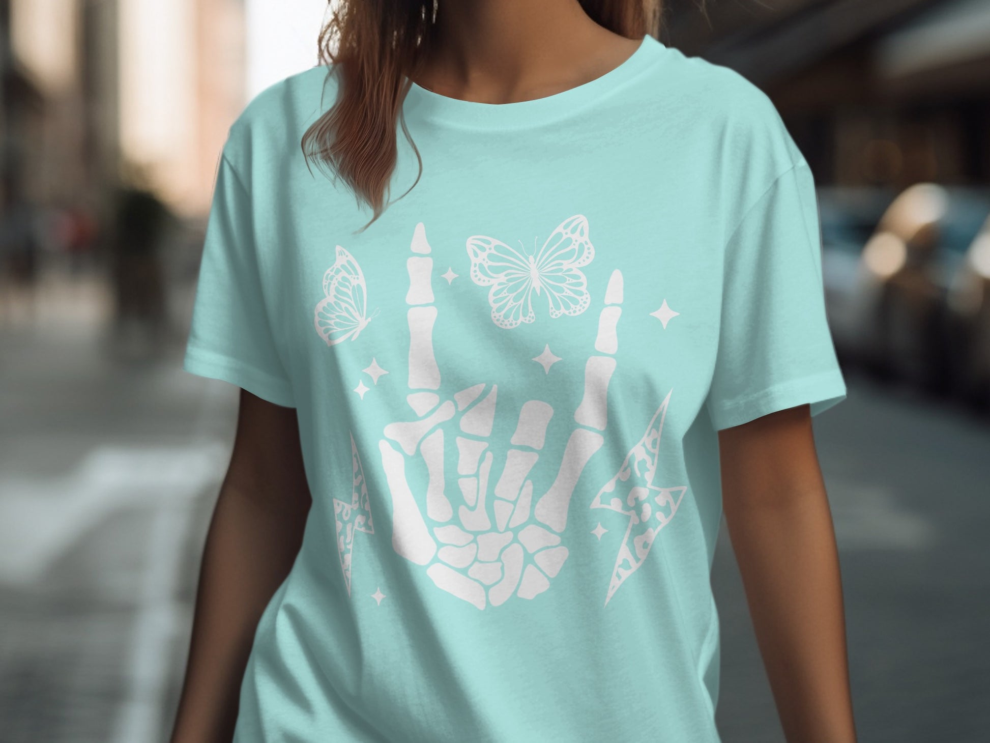 Skeleton Hand with Butterflies and Stars Design T-Shirt