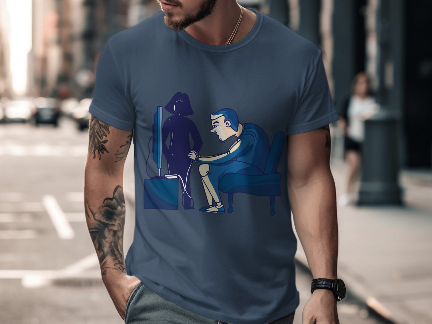 Humorous Blue T-shirt with Cartoon Design