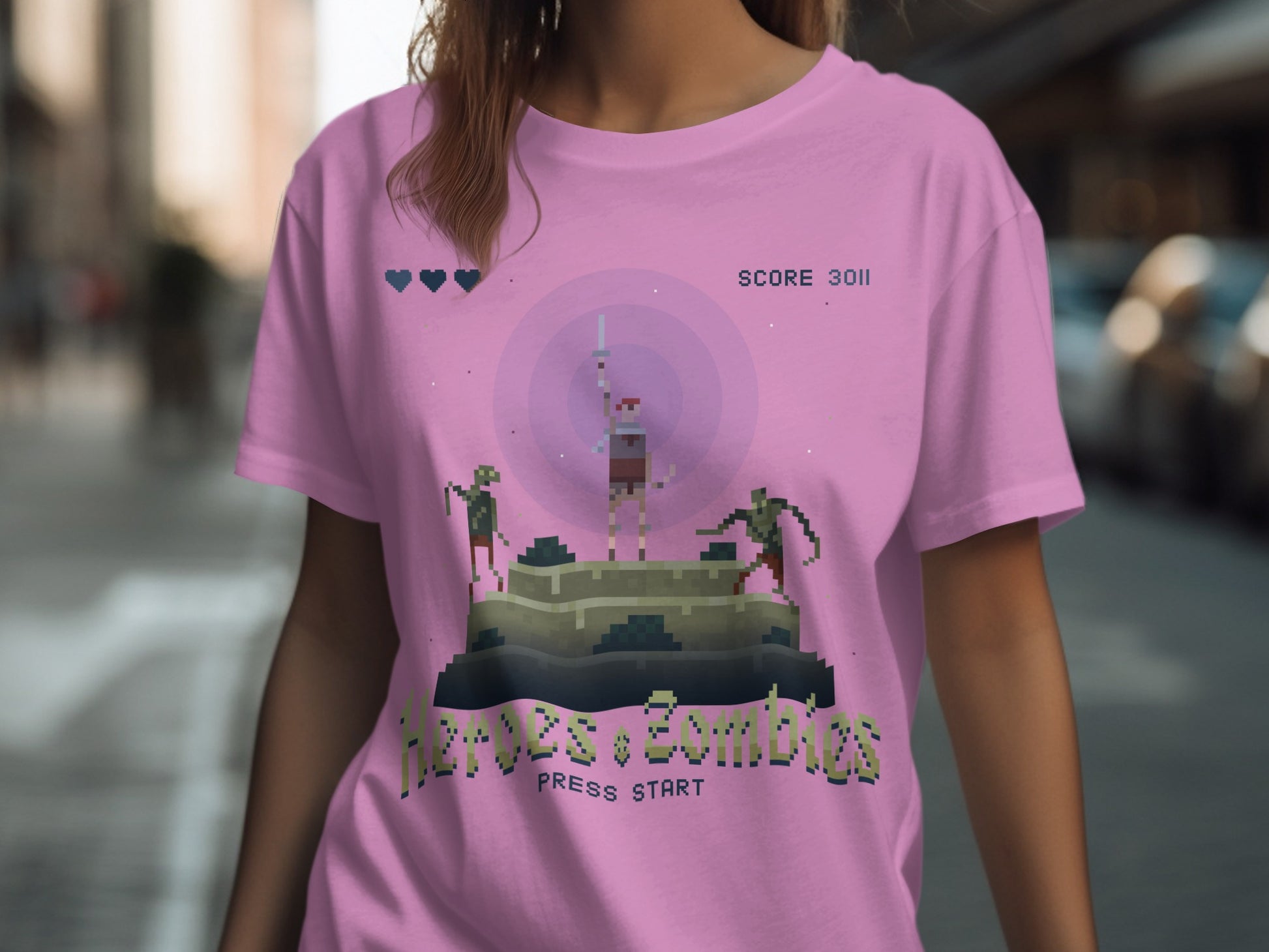 Heroes vs Zombies Pink Gamer Graphic Tee