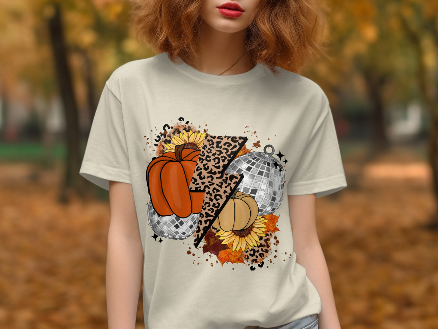 Fall Pumpkin Sunflower Leopard Print T-Shirt