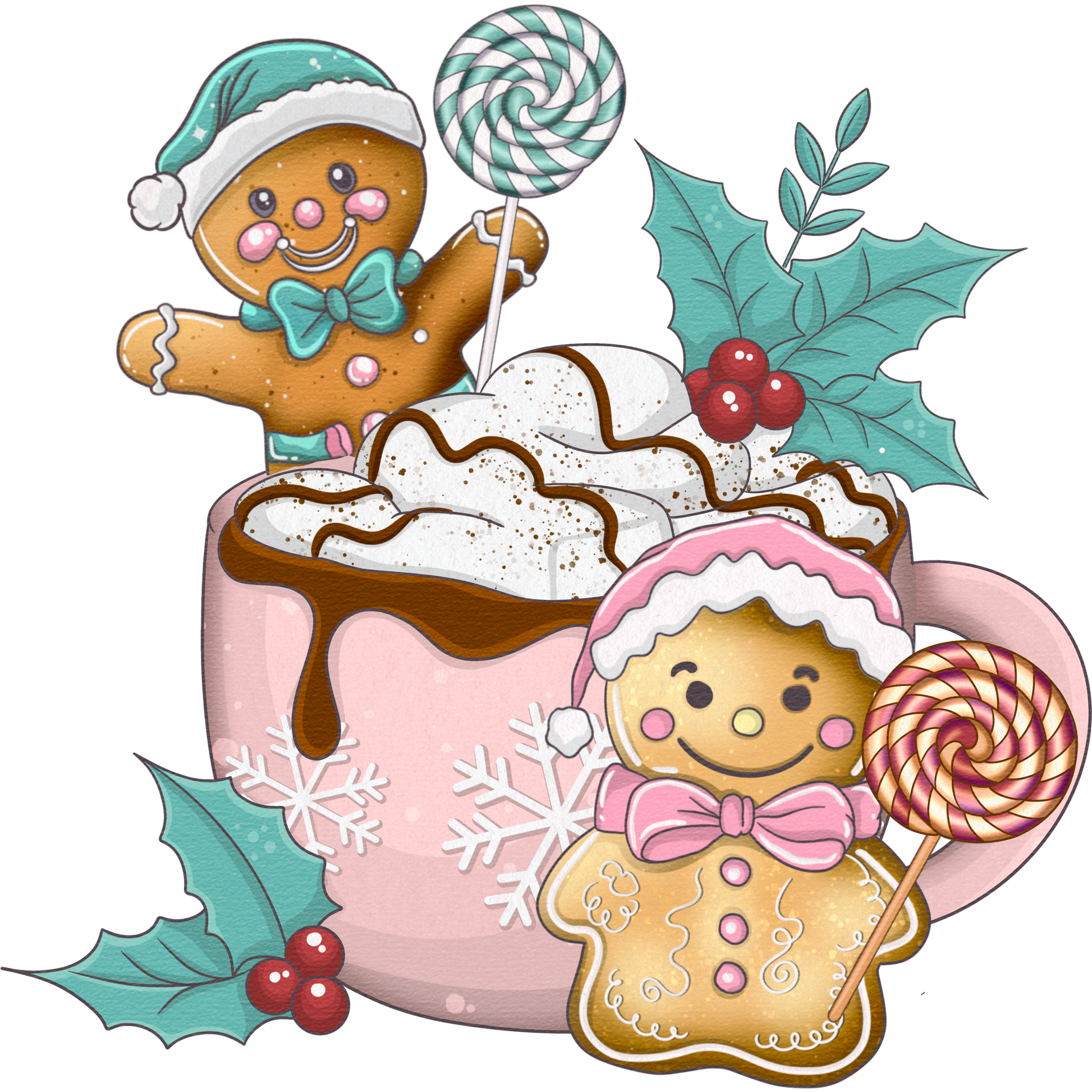 Festive Gingerbread Characters with Hot Chocolate Art