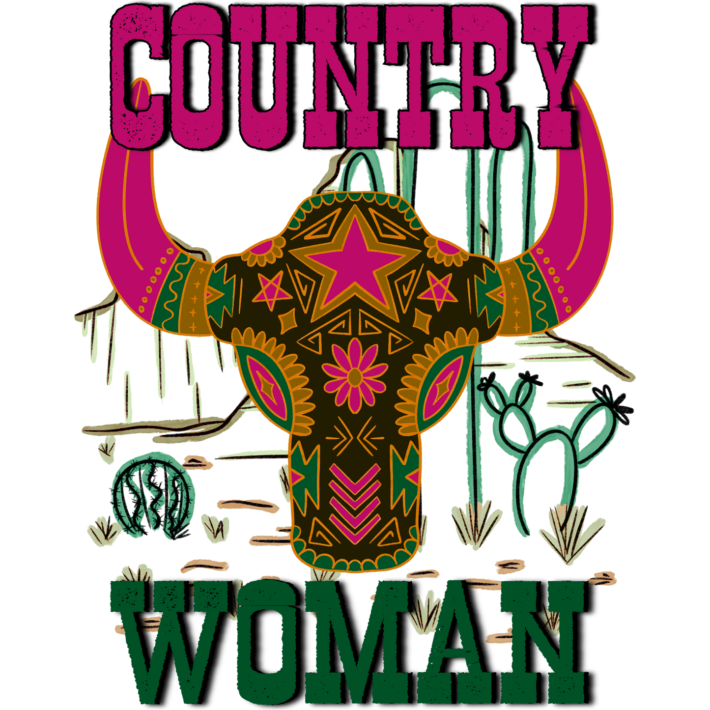 Country Woman Bull Skull Cactus Southwestern Art Product
